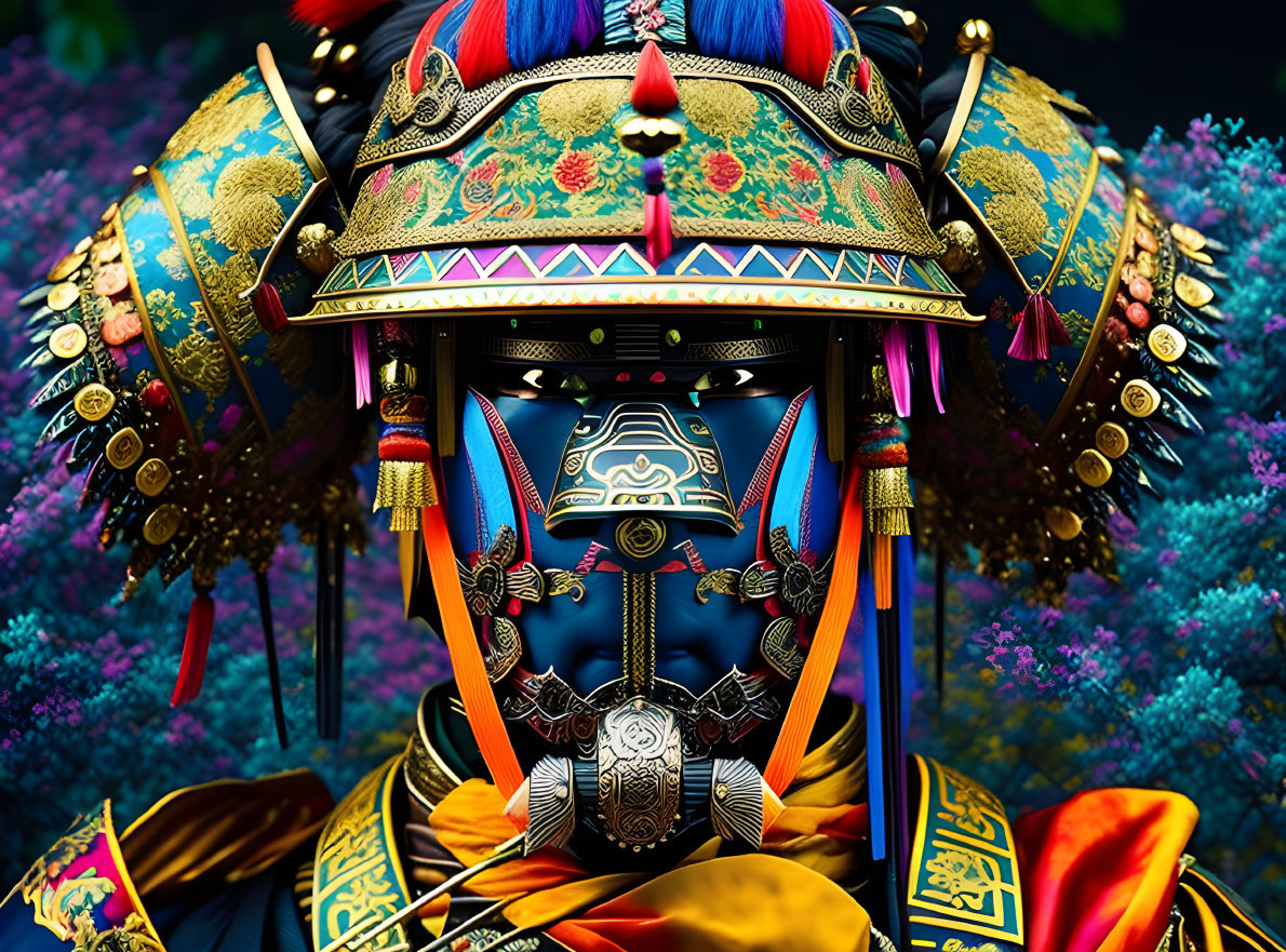 Colorful Samurai Armor with Intricate Designs and Fierce Mask