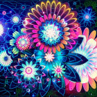 Neon-colored flowers digital artwork on dark background