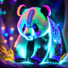 Neon-illuminated panda in fantasy forest environment