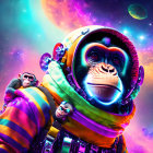 Colorful Astronaut Monkey with Two Monkeys on Back in Cosmic Scene