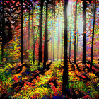 Sunbeams illuminate vibrant forest scene with colorful light refractions