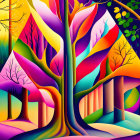 Colorful surreal forest painting with stylized trees in swirling, ribbon-like trunks.