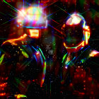 Colorful illuminated robots on bokeh light background