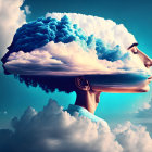 Surreal side profile with brain clouds on blue sky