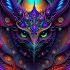 Colorful Psychedelic Owl Illustration with Detailed Patterns and Mystical Vibe