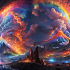 Colorful Twin Volcanoes Erupting in Surreal Landscape