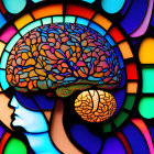 Stained Glass Artwork of Human Profile with Brain on Colorful Mosaic