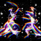 Colorful nebula trails: Astronauts in cosmic dance