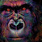 Colorful Neon Gorilla Face Artwork with Red Eyes and Multi-Colored Fur