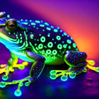 Colorful Frog on Reflective Surface with Neon Green Spots and Bright Background