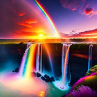 Rainbow over majestic waterfall at sunset with vivid colors.