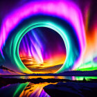 Vibrant swirling auroras over reflective water with solitary figure