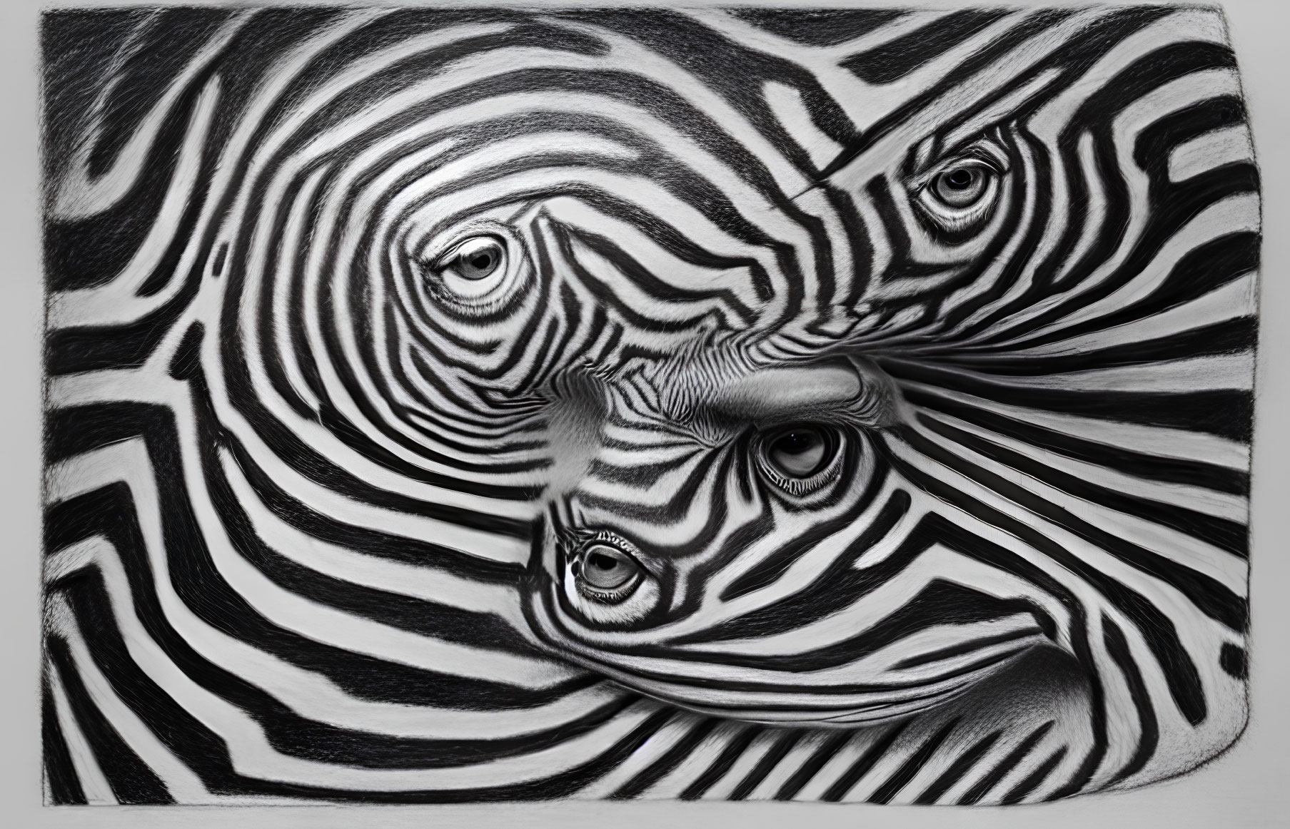 Abstract artwork: Distorted zebra pattern with multiple eyes and faces