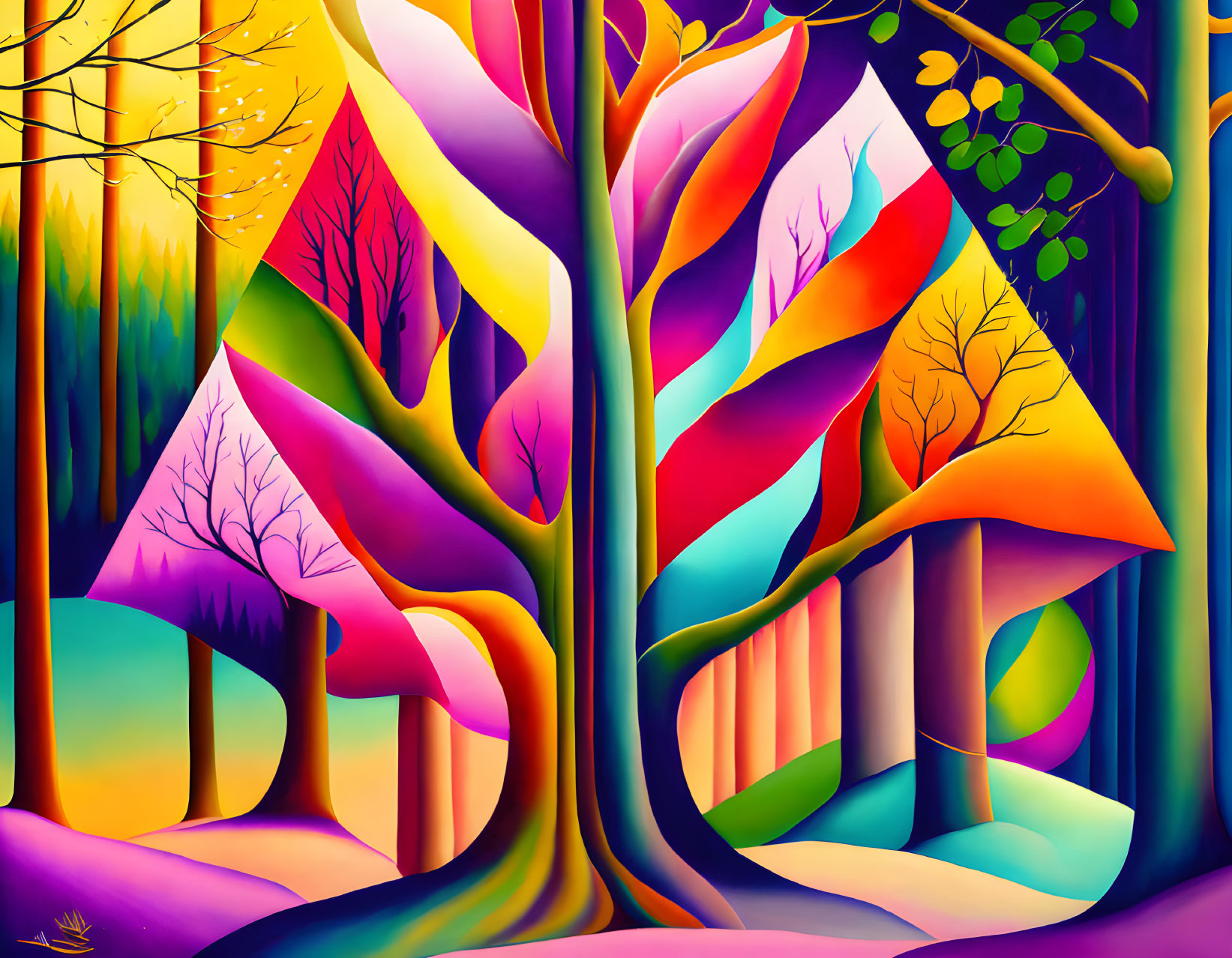 Colorful surreal forest painting with stylized trees in swirling, ribbon-like trunks.