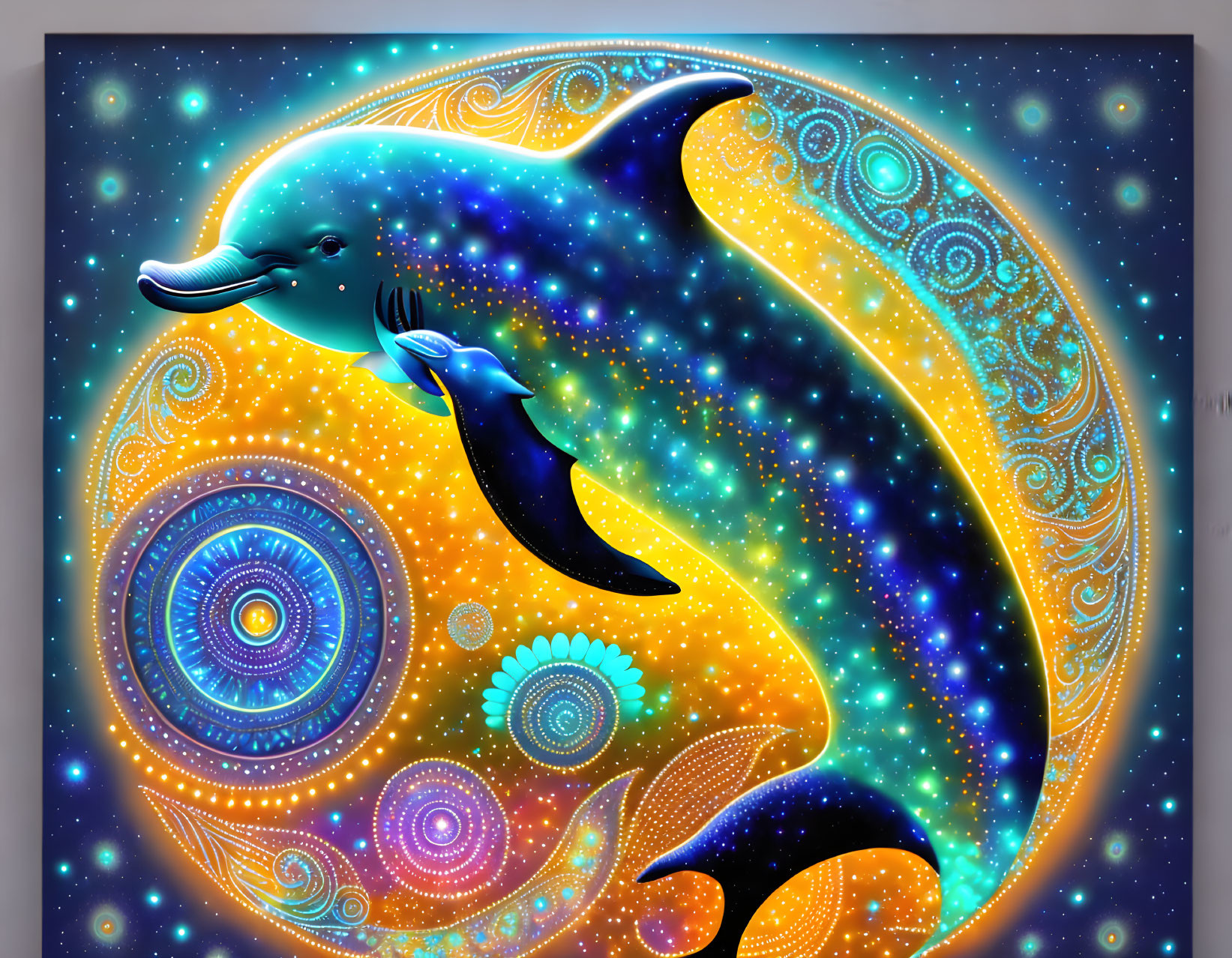 Colorful Dolphin Artwork with Cosmic Theme