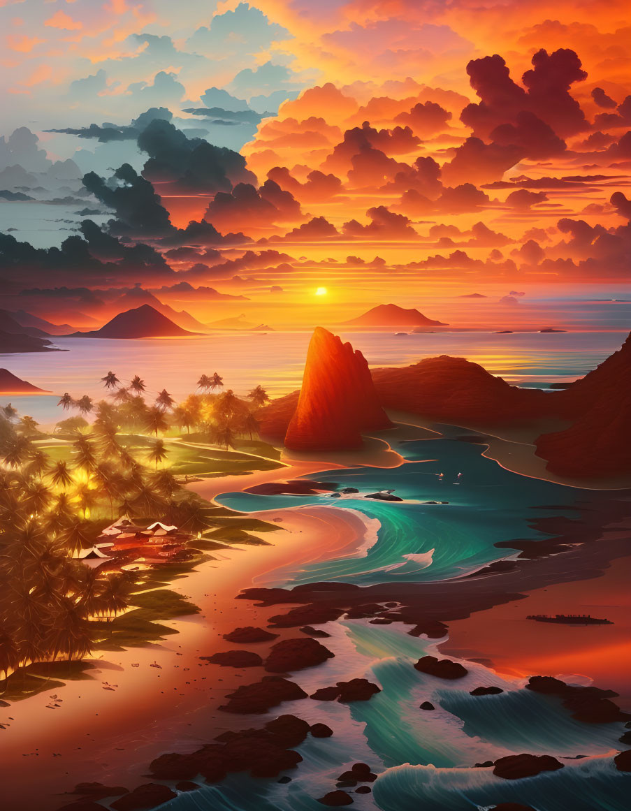 Vibrant sunset landscape with mountains, palm trees, beach, and river