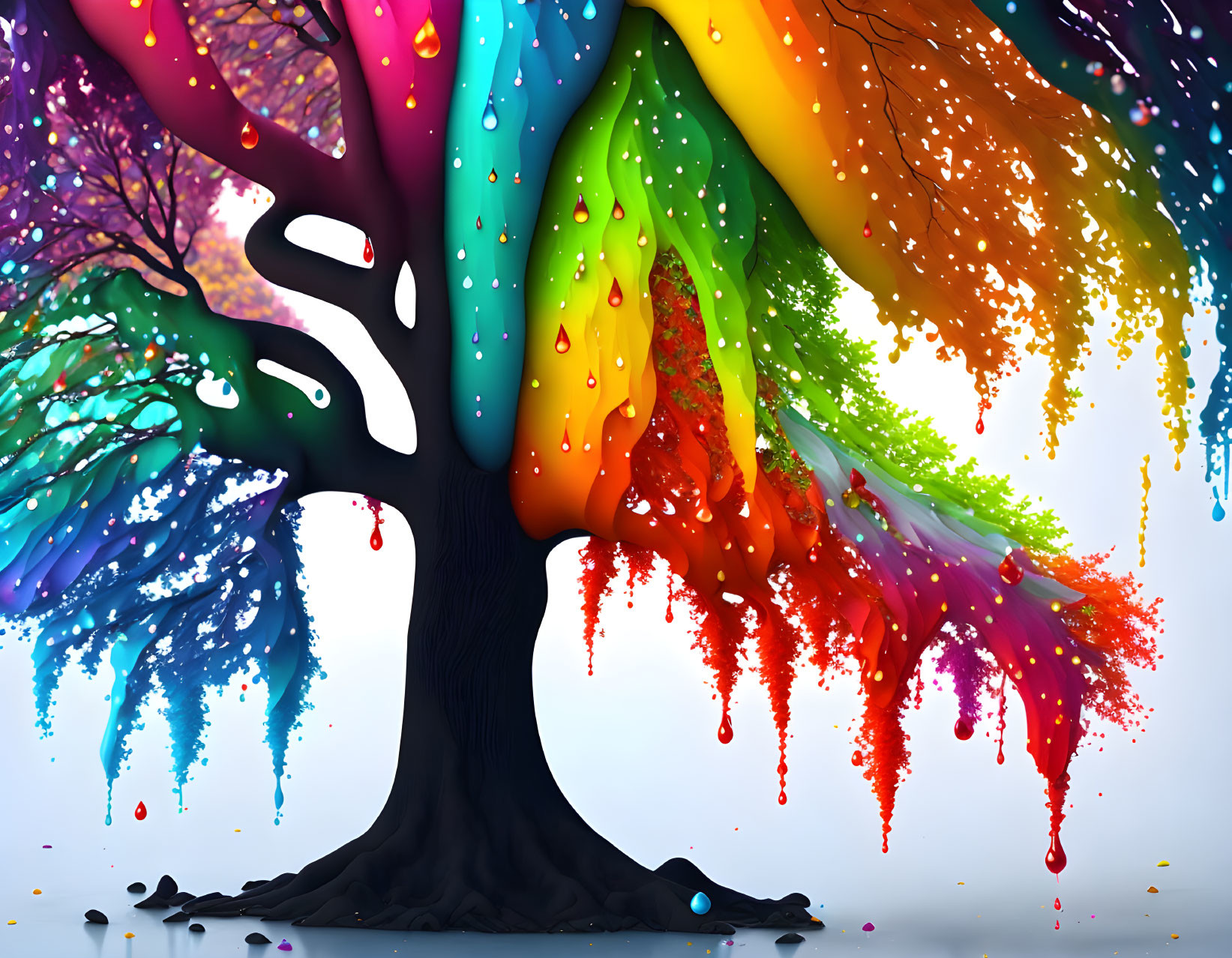 Colorful Paint Dripping Tree on White Background