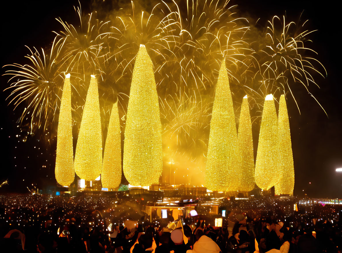 Nighttime fireworks display with illuminated cone-shaped structures and spectators.