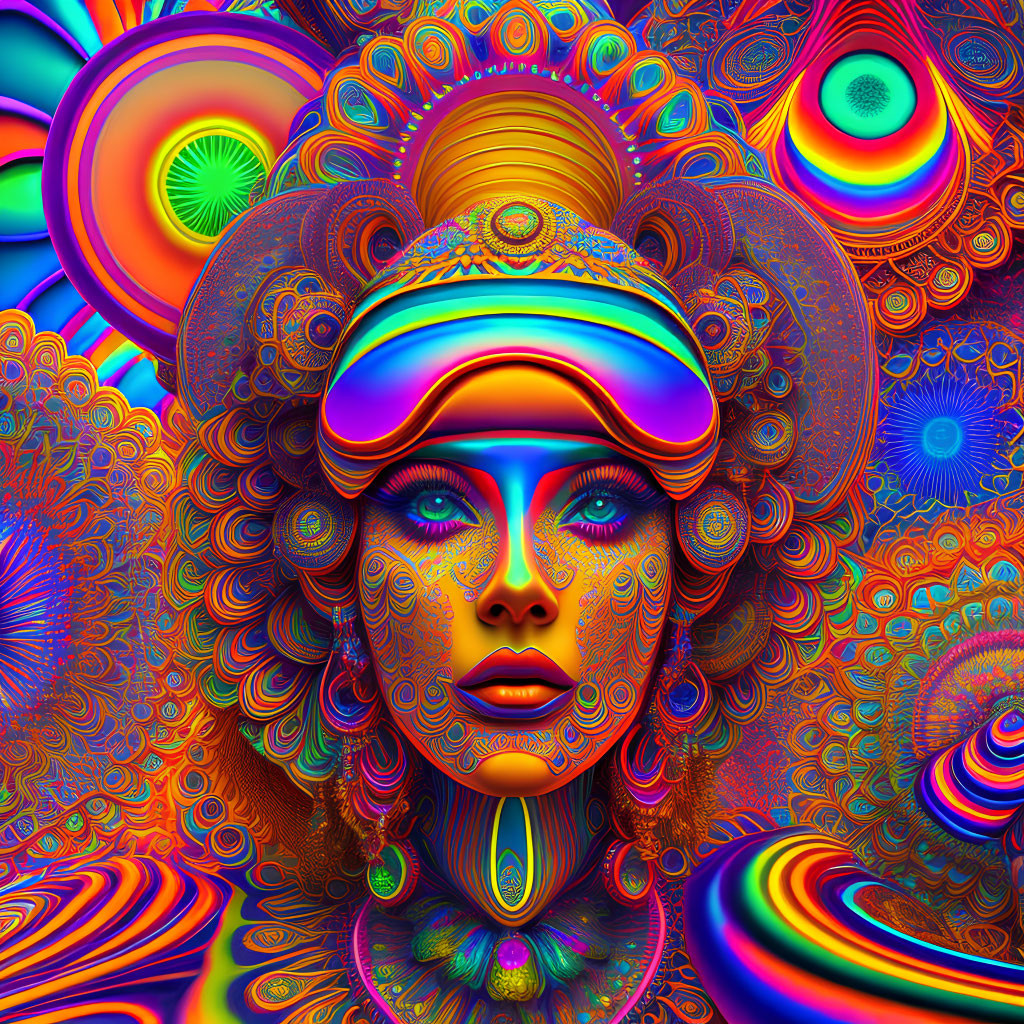 Colorful psychedelic digital artwork of woman's face with intricate patterns