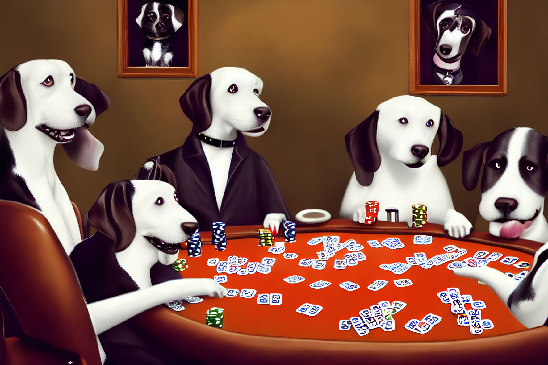 Anthropomorphic Dogs Playing Poker with Chips and Cards