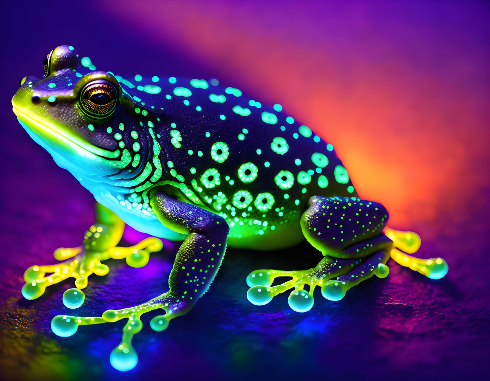 Colorful Frog on Reflective Surface with Neon Green Spots and Bright Background