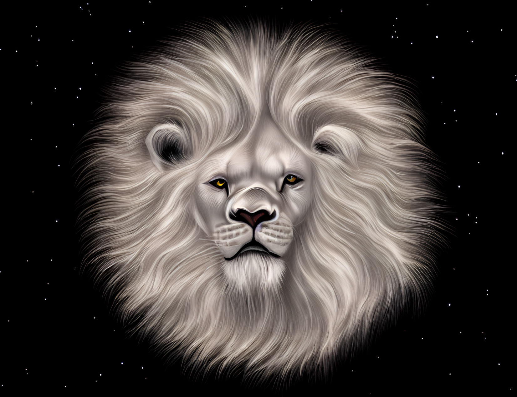 Majestic lion's head with full mane on starry night sky background