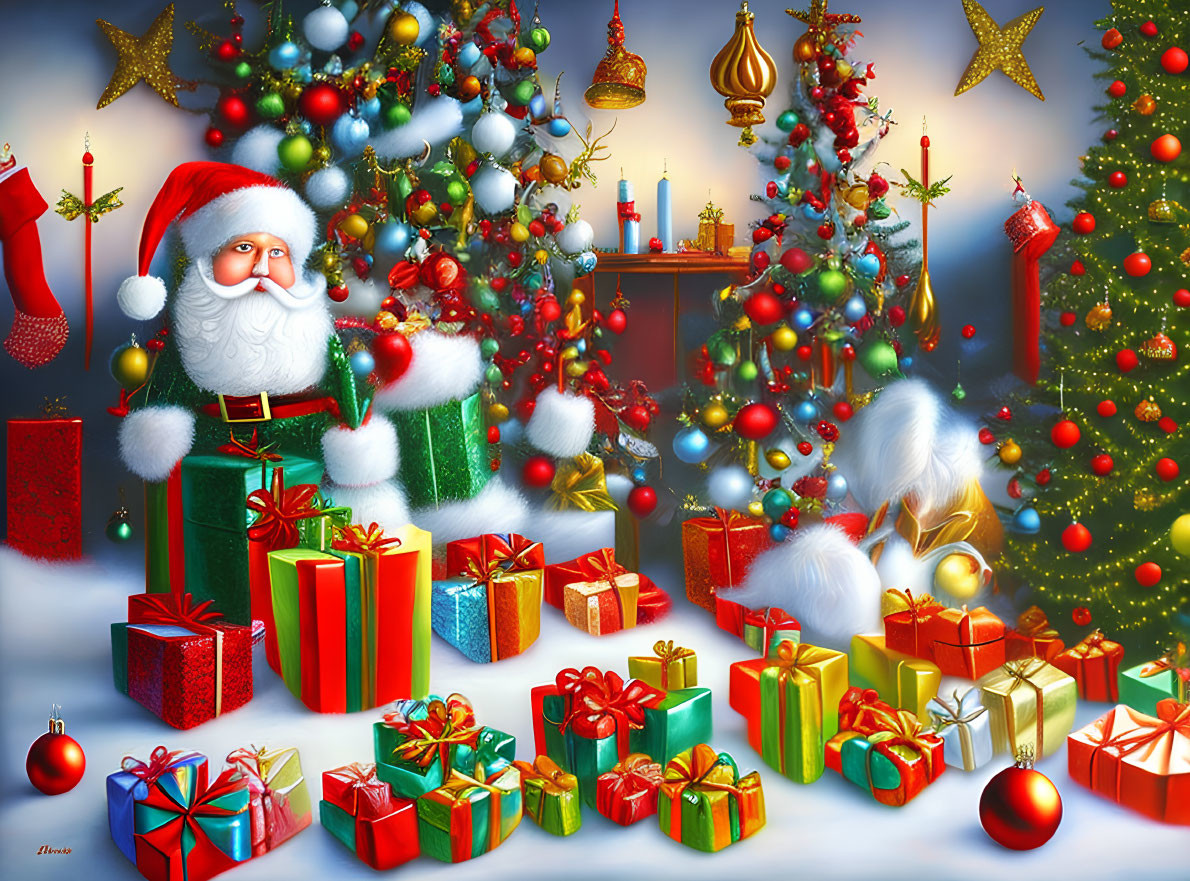 Festive Santa Claus illustration with colorful presents and Christmas trees