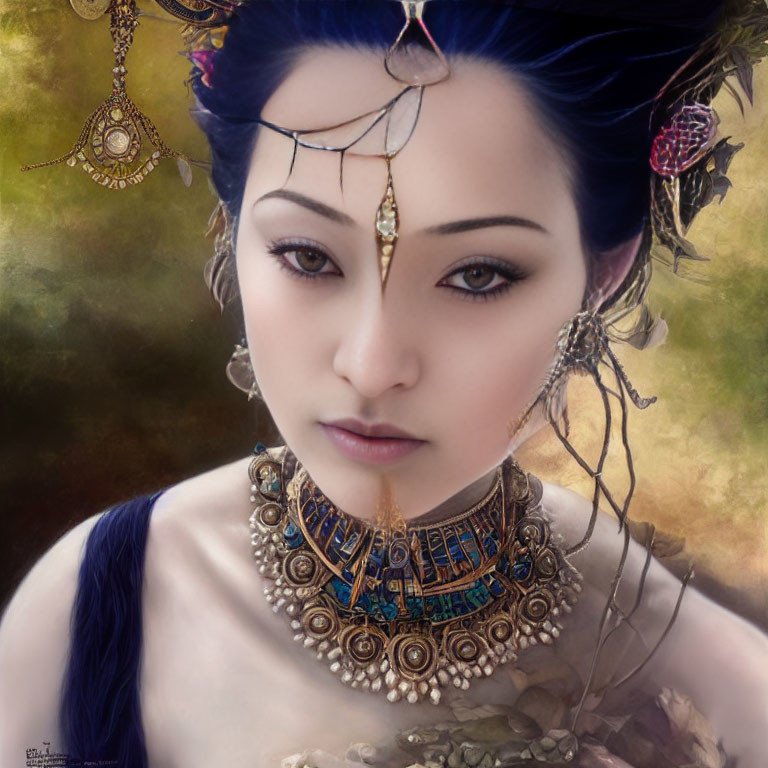 Portrait of a Woman with Blue Hair and Ornate Gold Jewelry