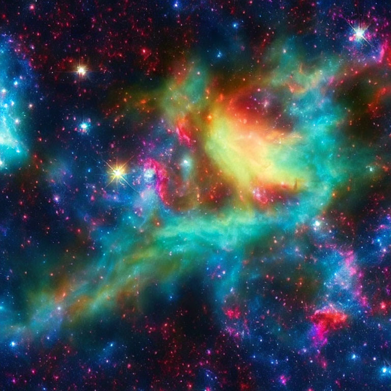 Colorful Swirling Nebula in Green and Red Amidst Multicolored Stars