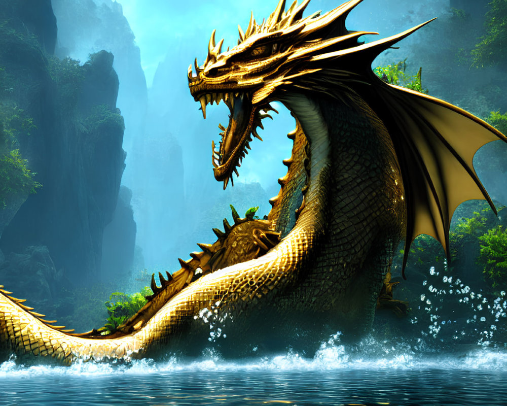 Golden dragon emerging from misty blue lake with green cliffs