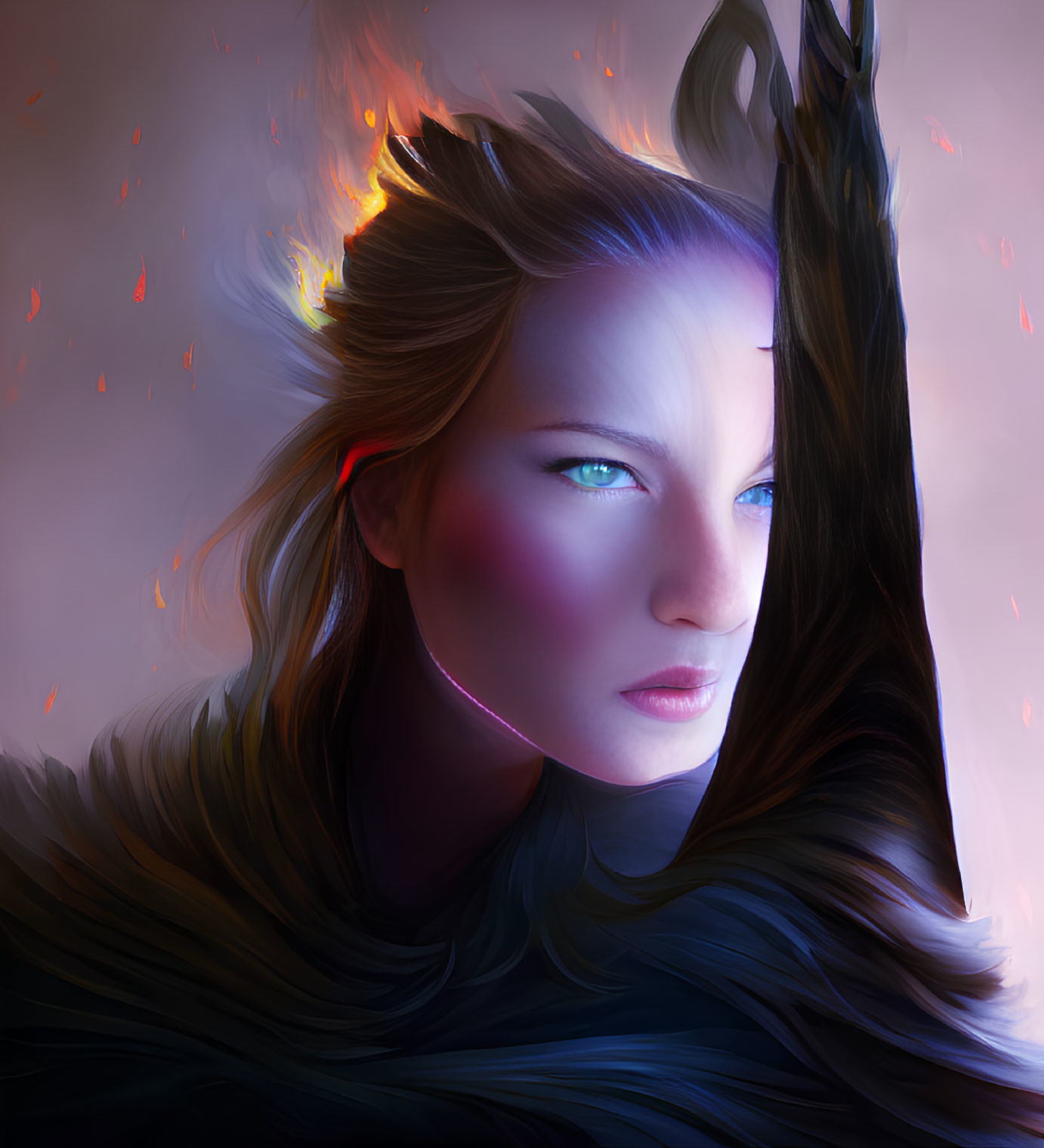 Illustration of woman with glowing blue eyes and fiery hair on violet background