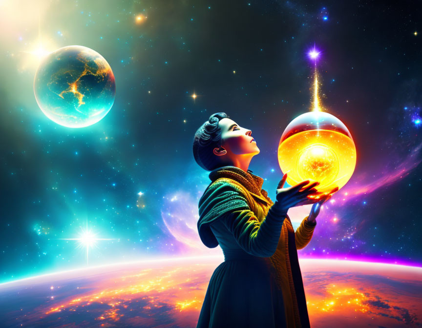 Woman holding glowing orb surrounded by vibrant cosmic elements