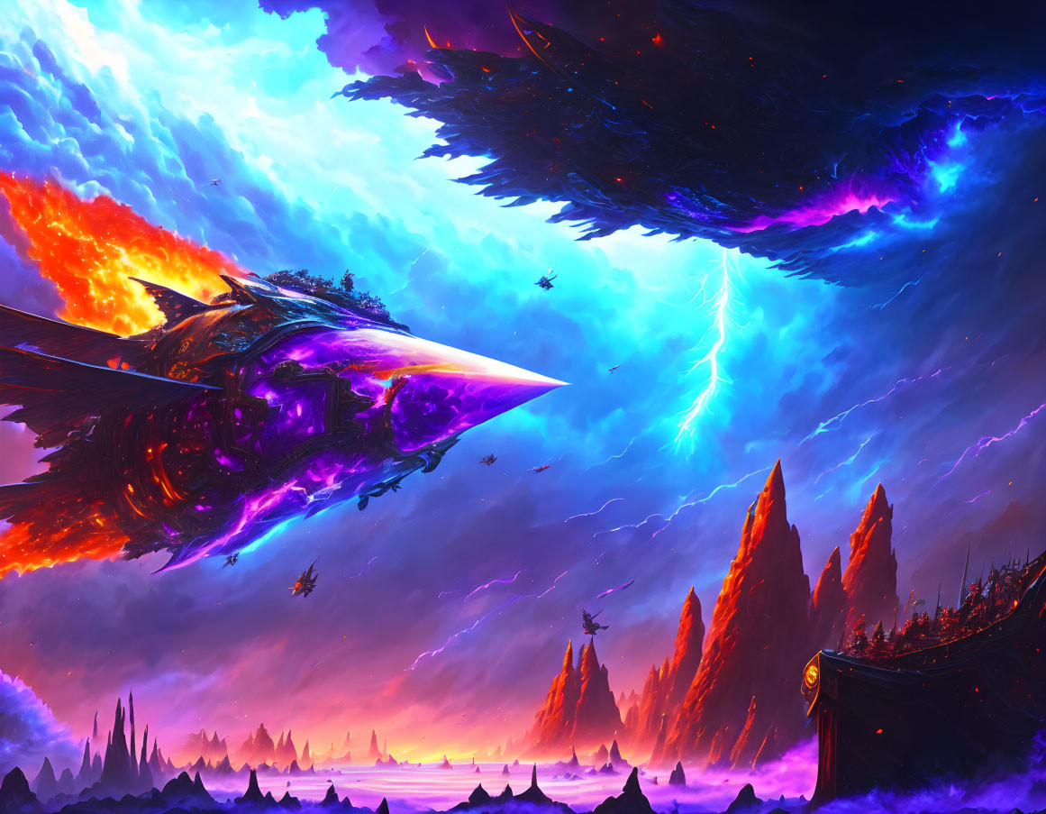 Colorful cosmic battle scene with spaceships, nebula sky, and alien planet.