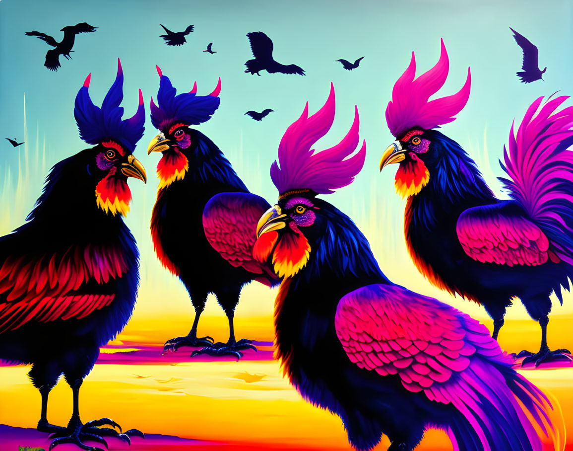 Colorful Roosters with Exaggerated Plumage in Sunset Sky