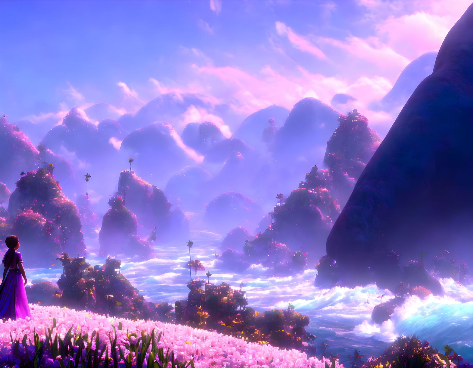 Purple Cloaked Figure in Vibrant Landscape with Pink Flora and Floating Islands