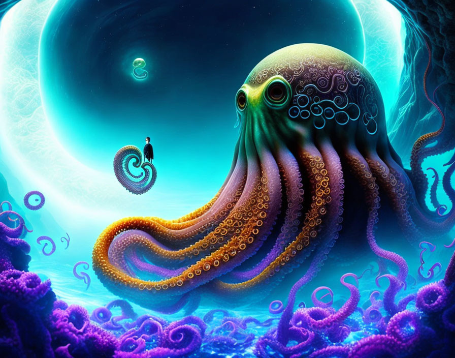 Surreal artwork: Giant octopus in vibrant underwater scene