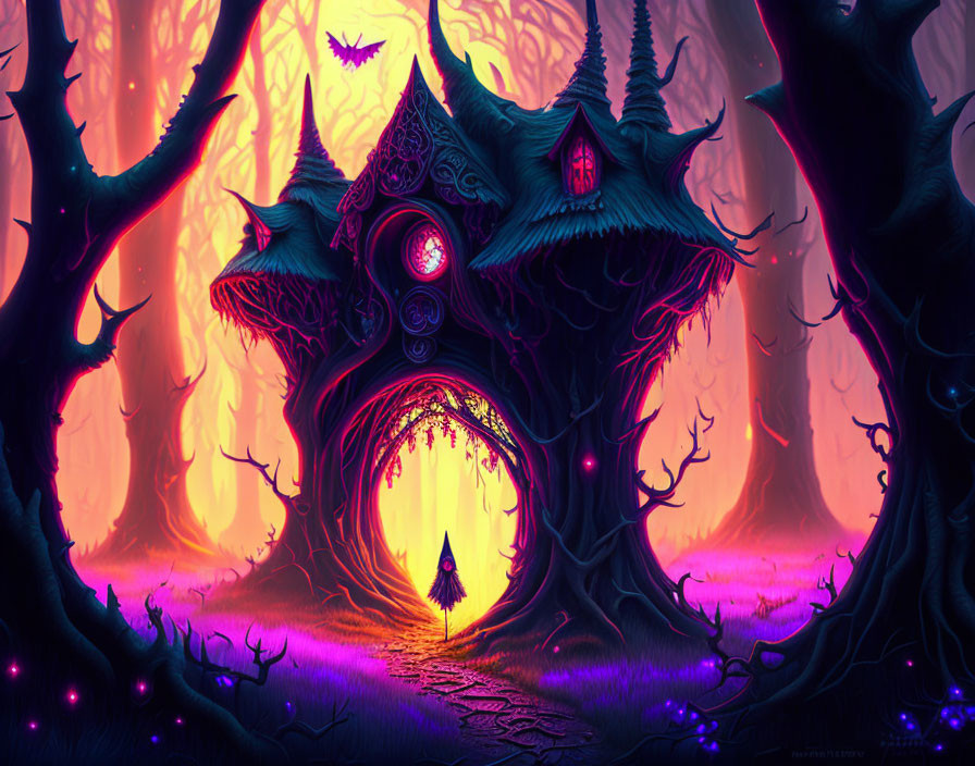 Mystical forest scene with figure near glowing treehouse