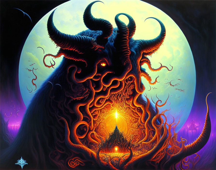 Dark horned entity in front of luminous full moon