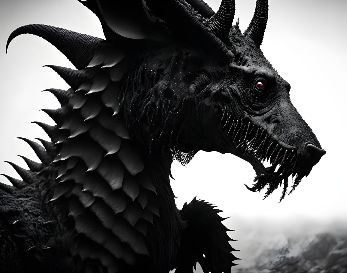 Menacing black dragon with red eyes and sharp horns.