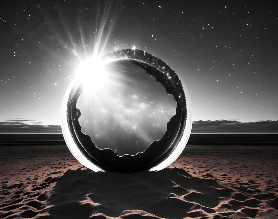 Spherical portal emitting light in barren landscape