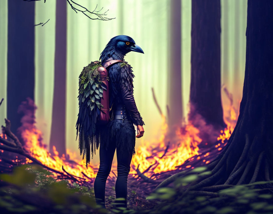 Bird-headed figure in mystical forest with glowing aura and ground fires