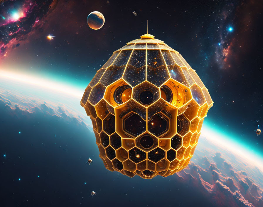 Hexagonal Space Station Orbiting Earth in Vibrant Cosmos