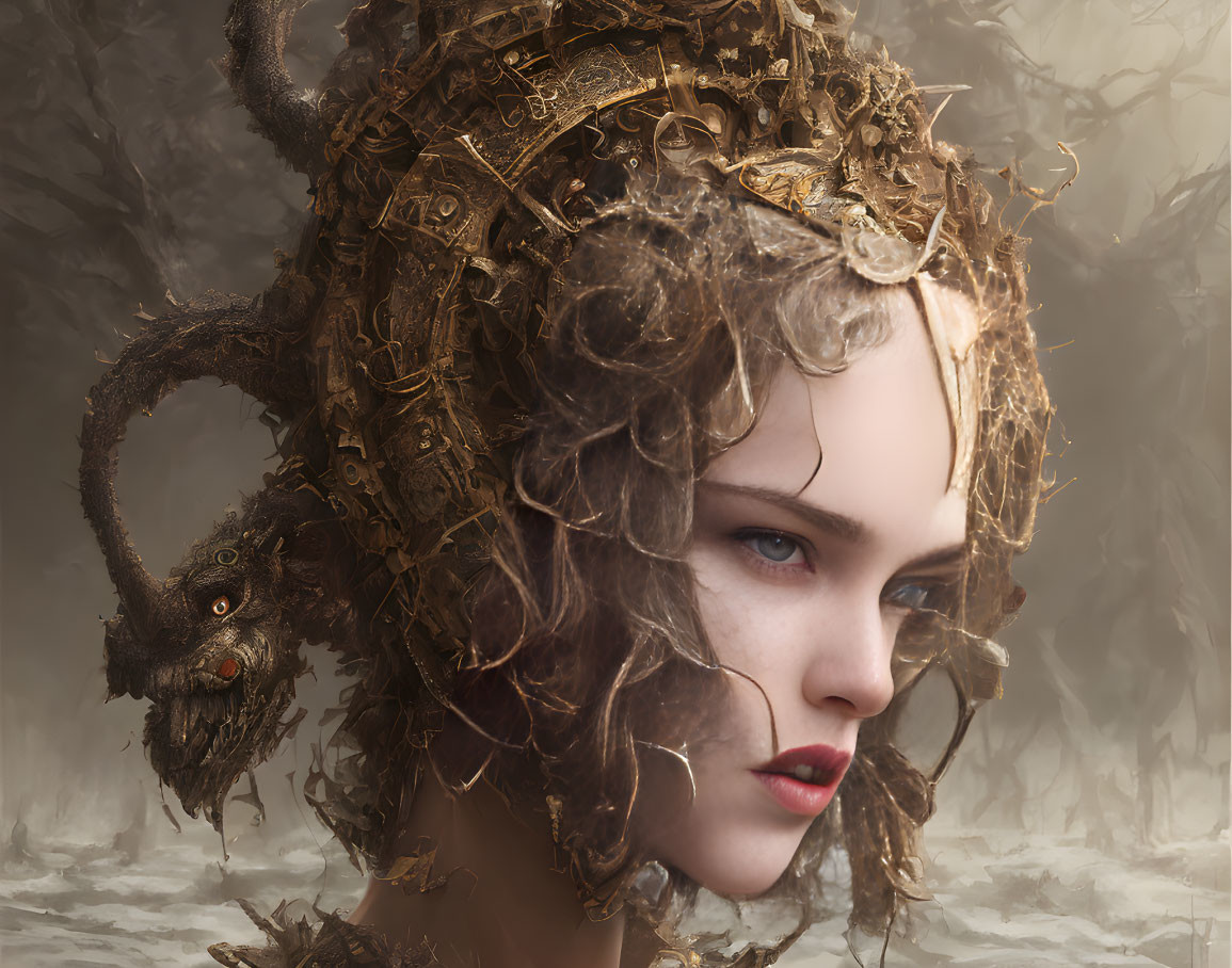 Intricate golden adornments on woman's portrait with ram's head in misty backdrop