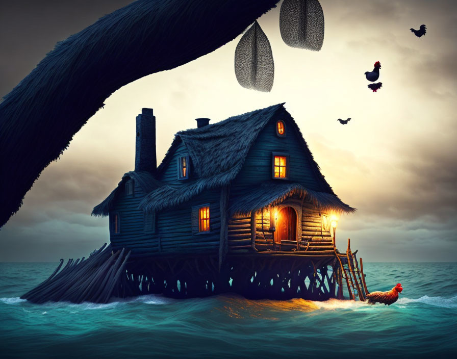 Illustration of wooden house on stilts over water with flying chickens and lanterns at dusk