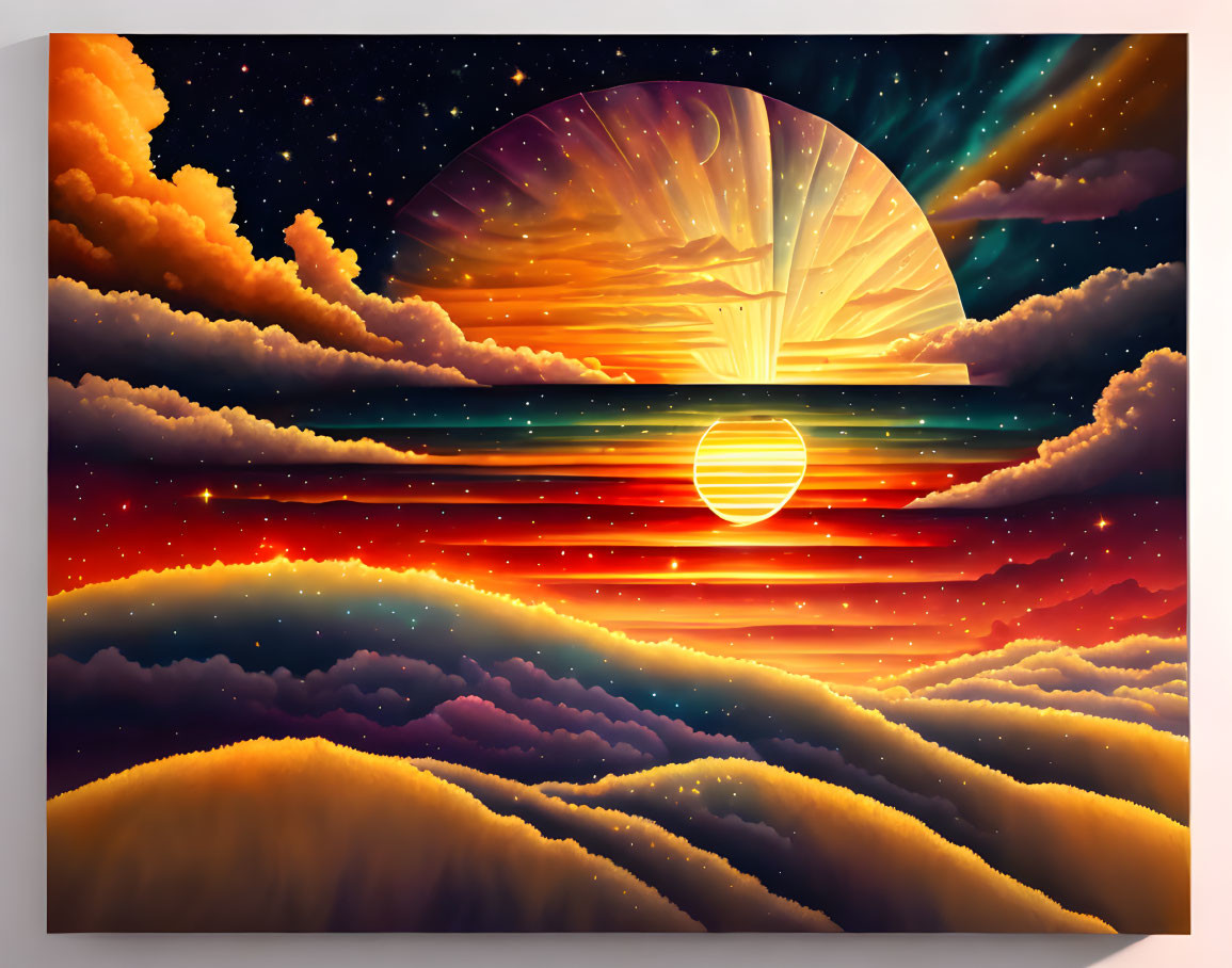 Surreal sunset digital artwork with layered clouds and radiant sun.