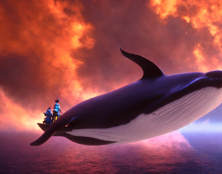 Enormous whale flying in fiery sky with riders on its back