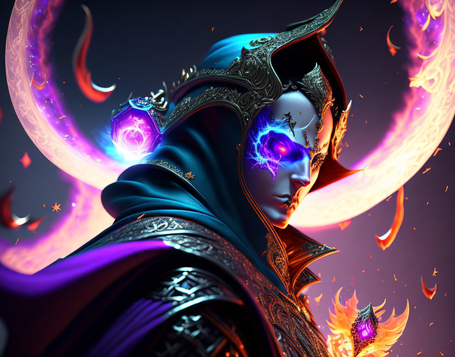 Mystical figure in ornate armor with glowing purple eye amidst fiery moons and floating orbs