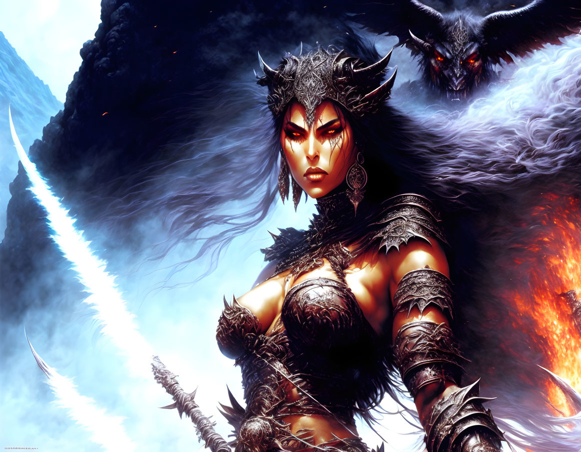 Fantasy warrior woman with horned helmet and black dragon in fiery backdrop