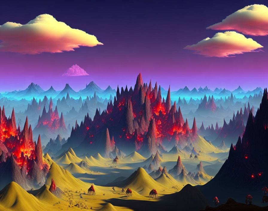 Surreal fiery peaks in twilight landscape with distant volcano