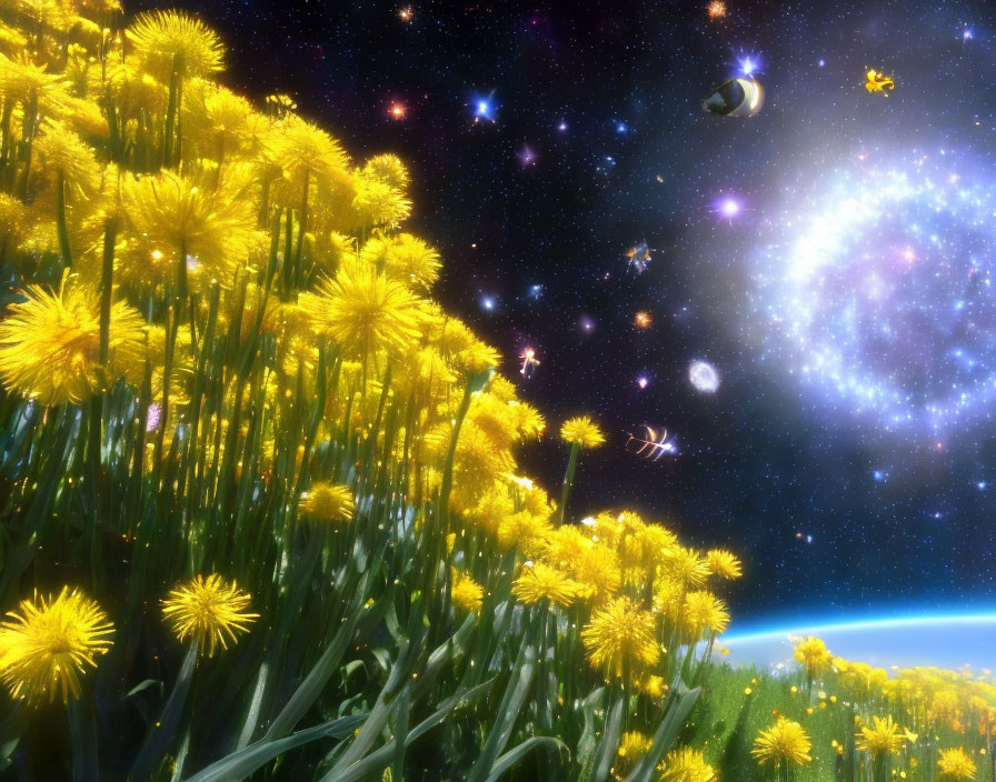 Vibrant yellow dandelions under surreal night sky